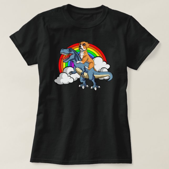 Boxer Dog Riding Dinosaur Trex German Deutscher Fu T-Shirt (Design Front)