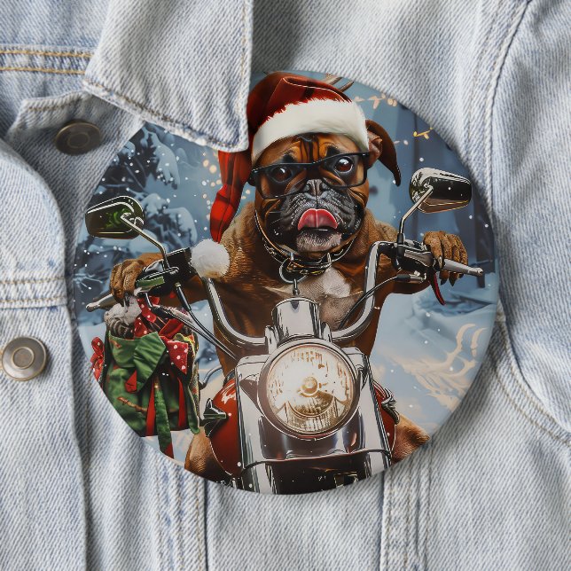 Boxer Dog Riding Motorcycle Christmas  6 Inch Round Button (In Situ)