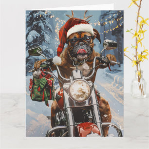 Boxer Dog Riding Motorcycle Christmas Card
