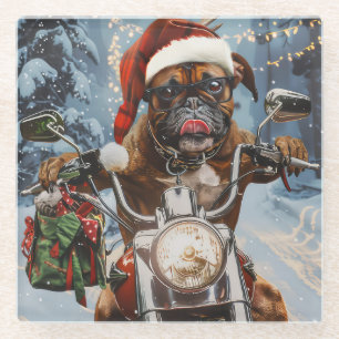 Boxer Dog Riding Motorcycle Christmas  Glass Coaster