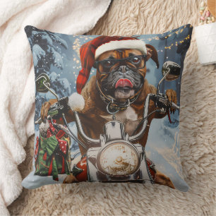 Boxer Dog Riding Motorcycle Christmas  Throw Pillow