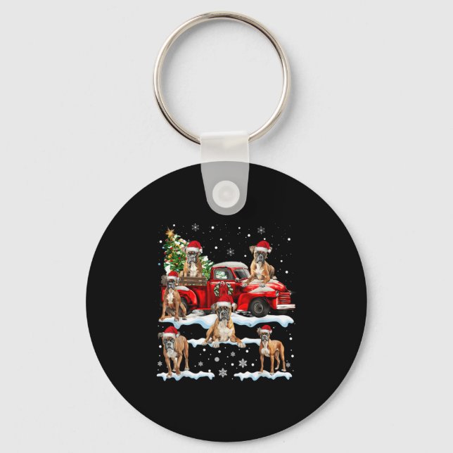Boxer Dog Riding Red Truck Ugly Sweater Merry Chri Keychain (Front)