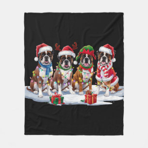 Boxer dog Santa hat antlers elf Christmas lights  Fleece Blanket