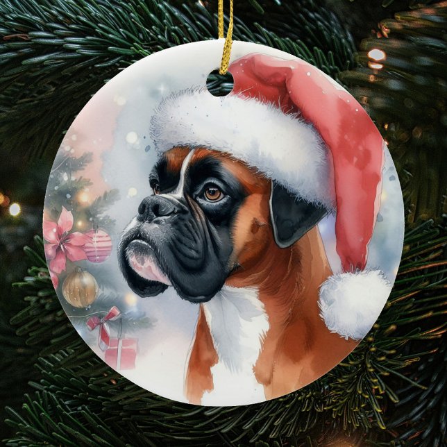 Boxer Dog Santa Hat Christmas Ceramic Ornament (Creator Uploaded)