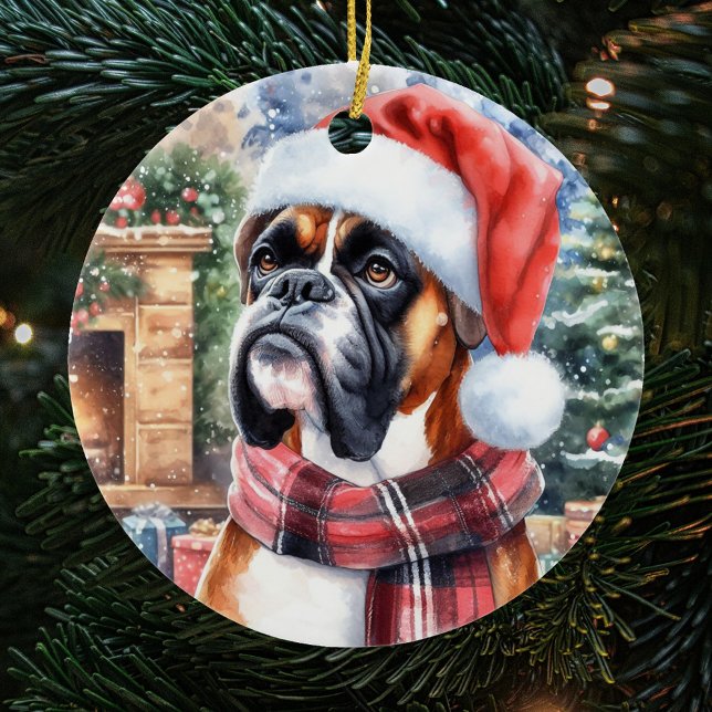 Boxer Dog Scarf and Santa Hat Christmas Ceramic Ornament (Creator Uploaded)