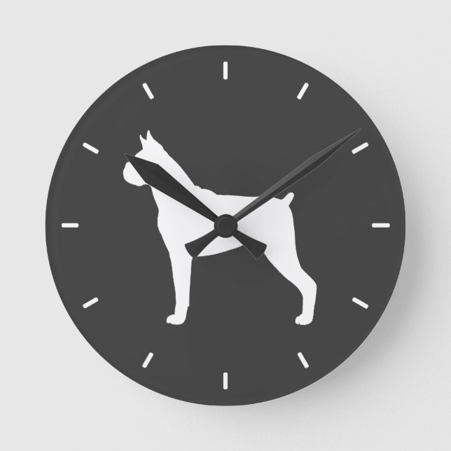 Boxer Dog Silhouette (Cropped Ears) Round Clock (Front)