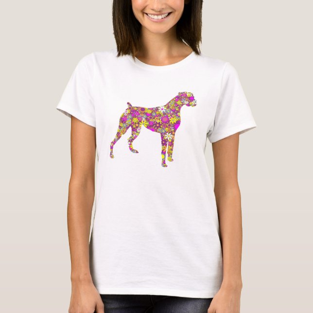 Boxer Dog silhouette T-shirt with flower pattern (Front)