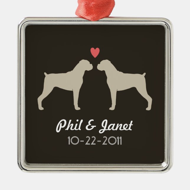 Boxer Dog Silhouettes Wedding Couple Love Custom Metal Ornament (Front)