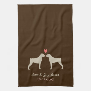 Boxer Dog Silhouettes with Heart and Text Kitchen Towel