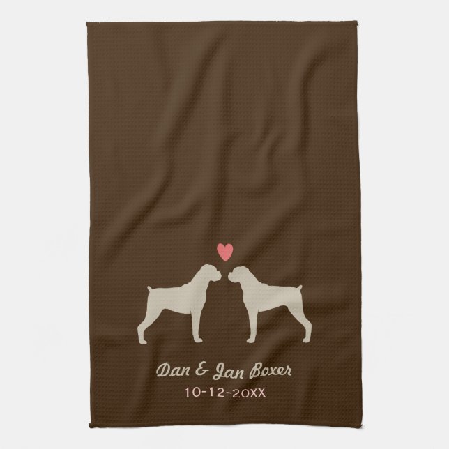 Boxer Dog Silhouettes with Heart and Text Kitchen Towel (Vertical)