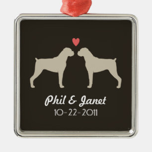 Boxer Dog Silhouettes with Heart and Text Metal Ornament