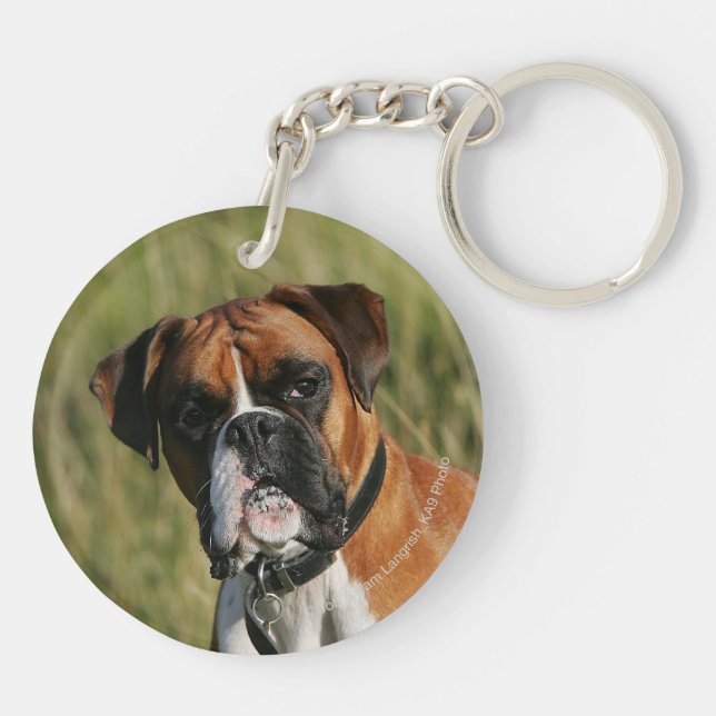 Boxer Dog Staring at Camera Keychain (Back)