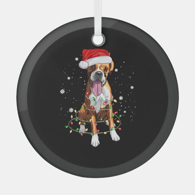 Boxer Dog Tree Christmas Lights Xmas Pajama Glass Ornament (Front)