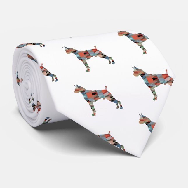 Boxer Dog Watercolor Geometric Pattern Silhouette Tie (Rolled)
