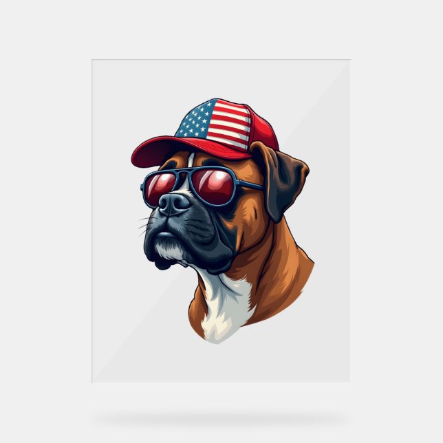 Boxer Dog Wearing White Red Blue Acrylic Sign (Front)