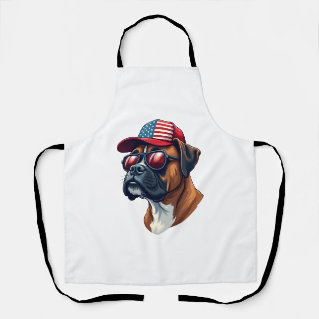 Boxer Dog Wearing White Red Blue Apron (Front)