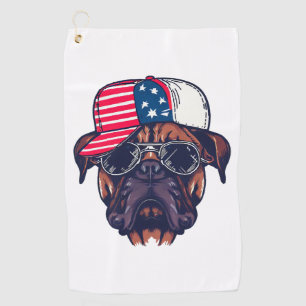 Boxer Dog Wearing White Red Blue Golf Towel