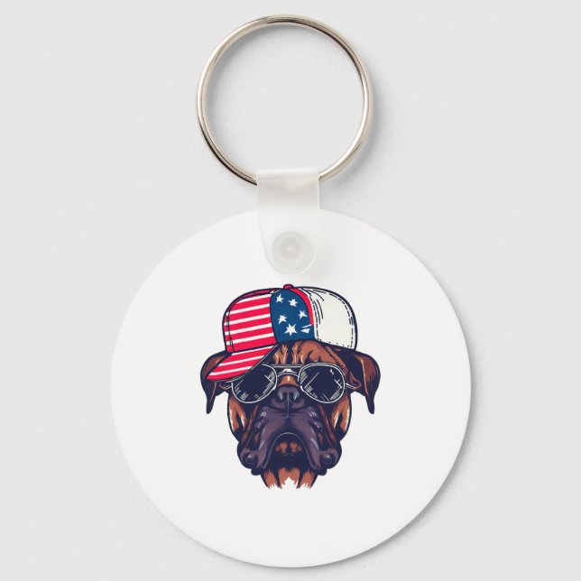 Boxer Dog Wearing White Red Blue Keychain (Front)
