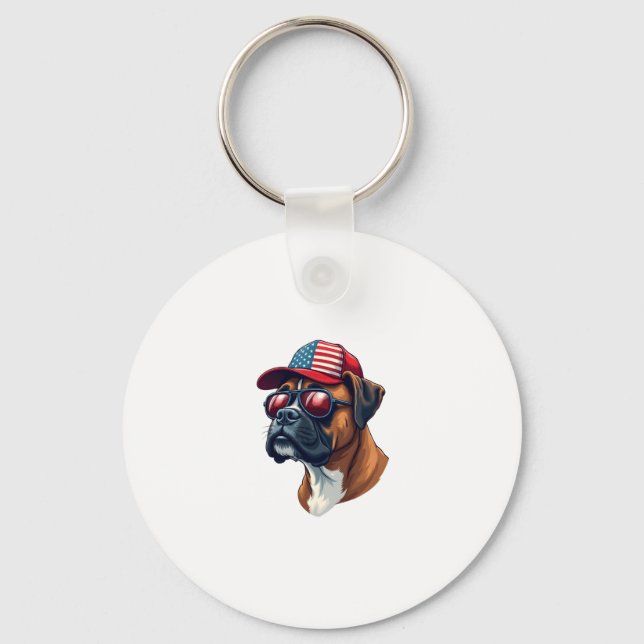 Boxer Dog Wearing White Red Blue Keychain (Front)