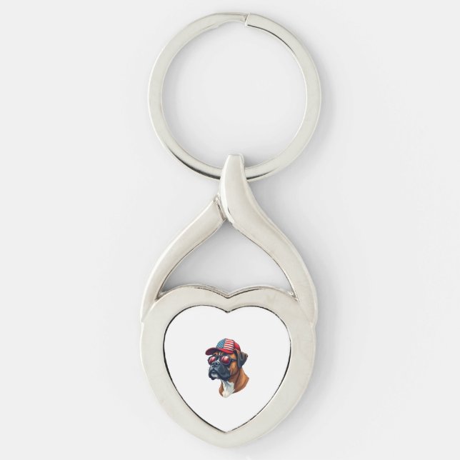 Boxer Dog Wearing White Red Blue Keychain (Front)