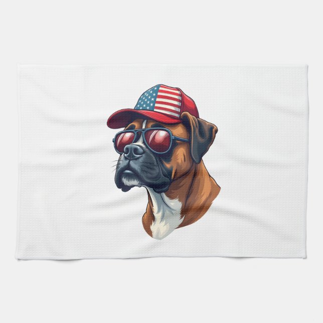 Boxer Dog Wearing White Red Blue Kitchen Towel (Horizontal)
