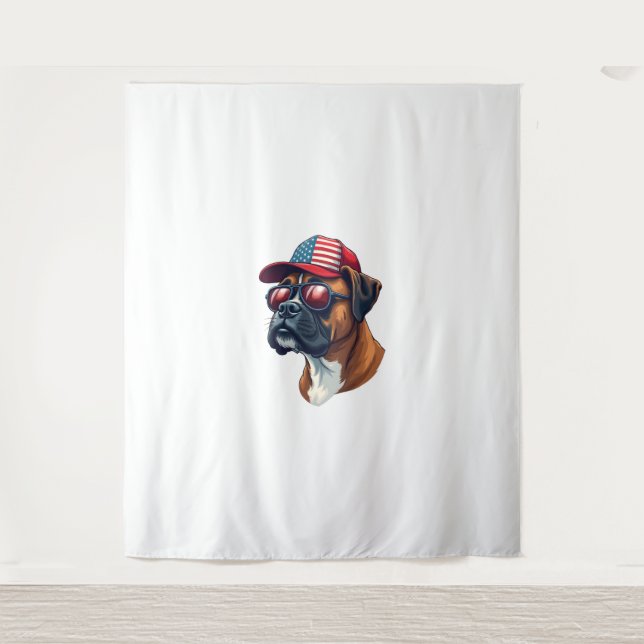 Boxer Dog Wearing White Red Blue Tapestry (Front)