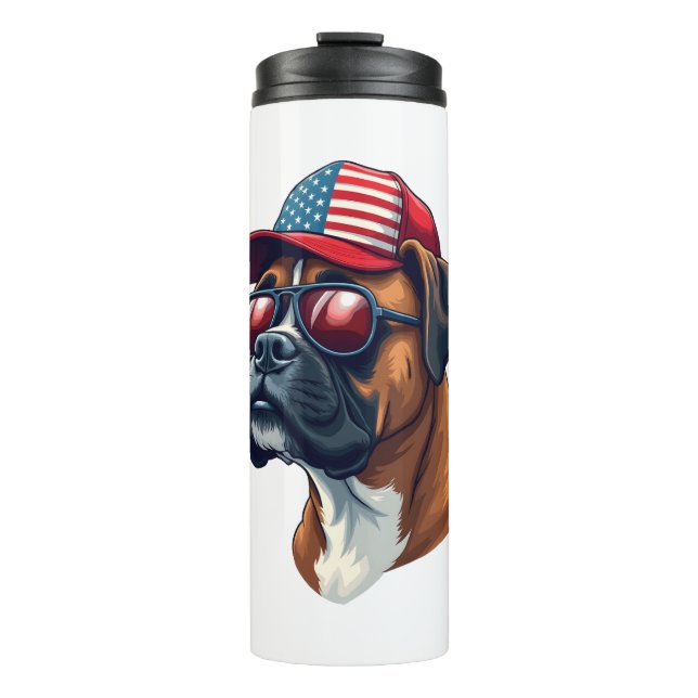 Boxer Dog Wearing White Red Blue Thermal Tumbler (Front)