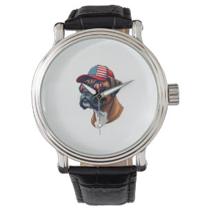 Boxer Dog Wearing White Red Blue Watch