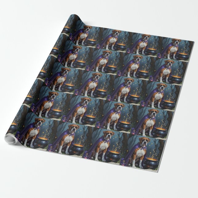 Boxer Dog Whimsical Halloween Painting  Wrapping Paper (Unrolled)