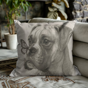 Boxer Dog with Butterfly Gentle Encounter Throw Pillow