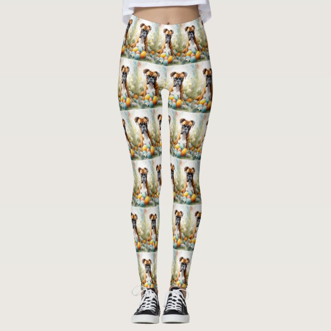 Boxer Dog with Easter Eggs Holiday Leggings (Front)