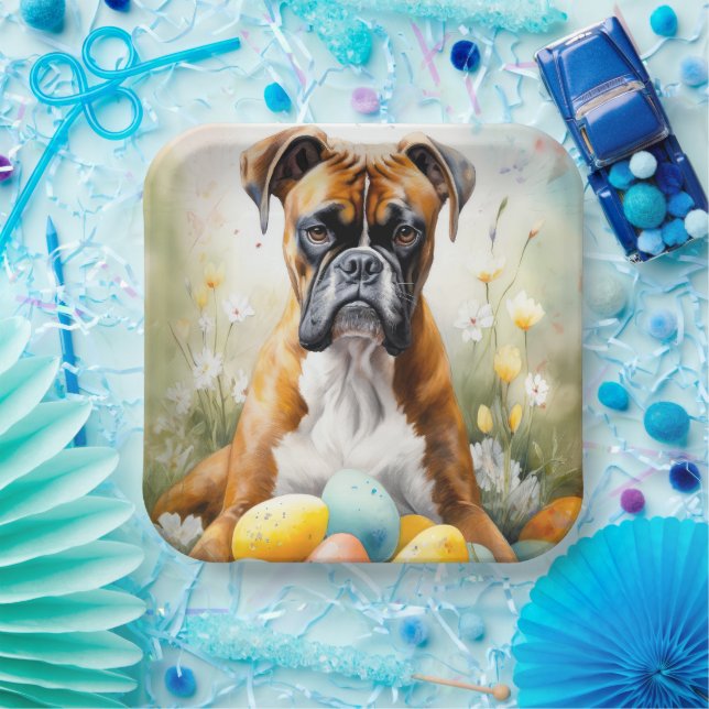 Boxer Dog with Easter Eggs Holiday Paper Plate (Party)