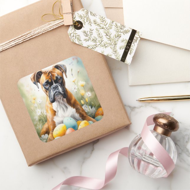 Boxer Dog with Easter Eggs Holiday Square Sticker (Gifting)
