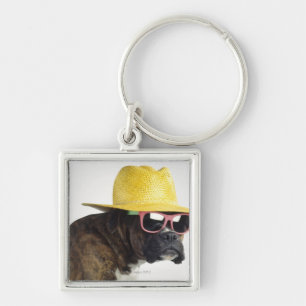 Boxer dog with hat and glasses keychain