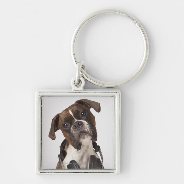 boxer dog with headphones keychain (Front)