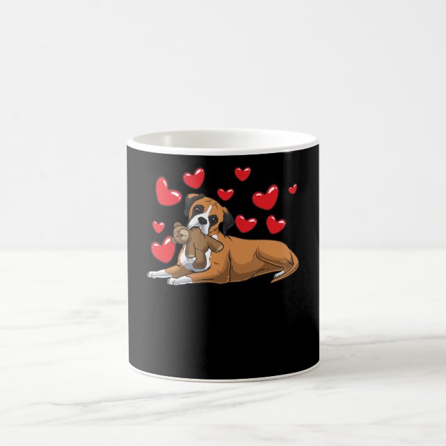 Boxer dog with stuffed animal and hearts coffee mug (Center)