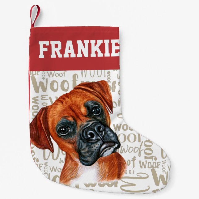 Boxer Dog Woof Print Christmas Stocking (Front)