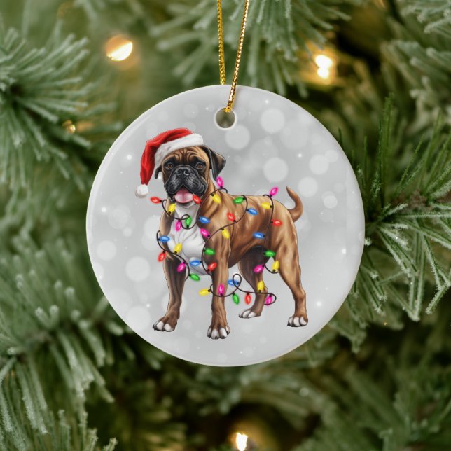 Boxer Dog Wrapped in Christmas Lights  Ceramic Ornament (Tree)
