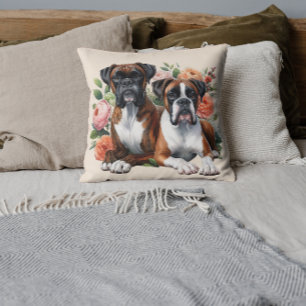 Boxer Dogs and Floral Delights Throw Pillow