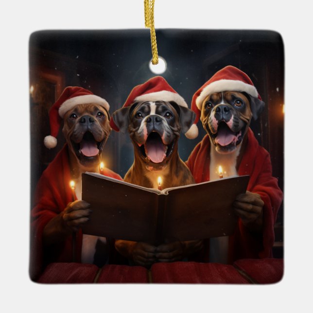Boxer Dogs Christmas Caroling Festive Holiday Ceramic Ornament (Front)