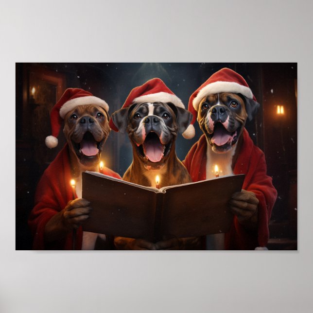 Boxer Dogs Christmas Caroling Festive Holiday Poster (Front)