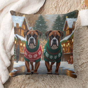 Boxer Dogs Christmas Snow Holiday  Throw Pillow