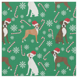 Boxer Dogs Santa Hats Candy Canes Christmas Green Fabric