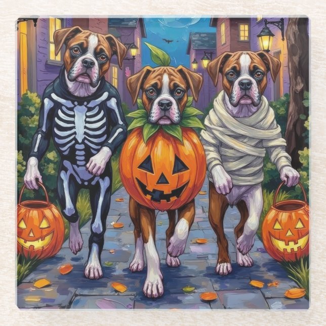Boxer Dogs Trick-or-Treating in Halloween Costumes Glass Coaster (Front)