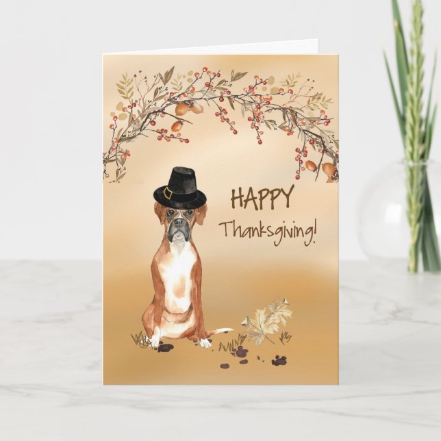Boxer Funny Pilgrim Hat Thanksgiving Card (Front)