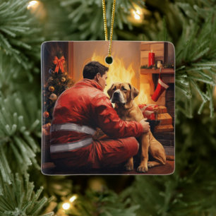 Boxer Gift, Pet Gift, Dog Fireman, Christmas Gift  Ceramic Ornament