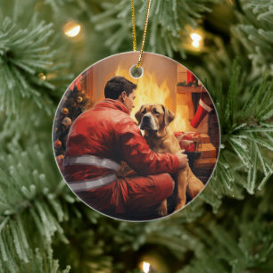 Boxer Gift, Pet Gift, Dog Fireman, Christmas Gift Ceramic Ornament