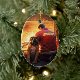 Boxer Gift, Pet Gift, Dog Fireman, Christmas Gift  Ceramic Ornament