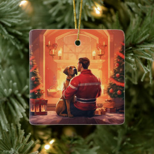 Boxer Gift, Pet Gift, Dog Fireman, Christmas Gift  Ceramic Ornament