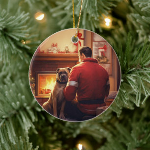 Boxer Gift, Pet Gift, Dog Fireman, Christmas Gift Ceramic Ornament